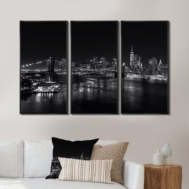 Noir, blanc, image de l'horizon de Manhattan - ensemble d'art mural encadré colonial sur 3, Noir, noir, noir, noir