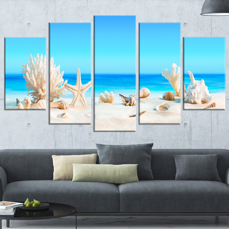 « coquillages on tropical beach », ensemble de 5 reproductions d’art sur toiles tendues