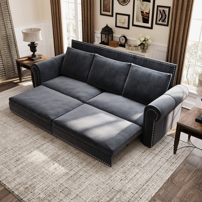 Canapé-lit en velours gris extensible de taille 93,7 po avec siège confortable et options de couchage 93,7 po