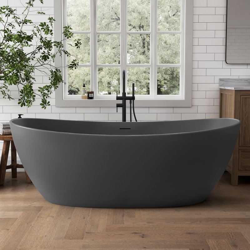 Baignoire autoportante 73 po à double surface en résine de pierre avec trop-plein et drain, gris foncé, Gris foncé