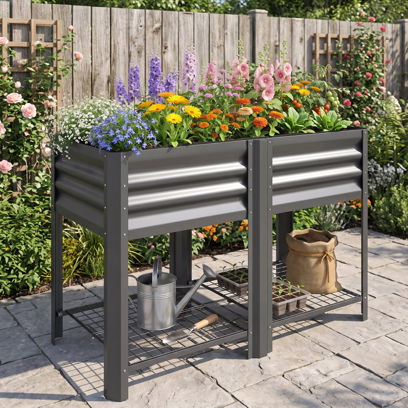 Lit de jardin surélevé, jardinière surélevée en acier galvanisé avec tablette de rangement, Gris
