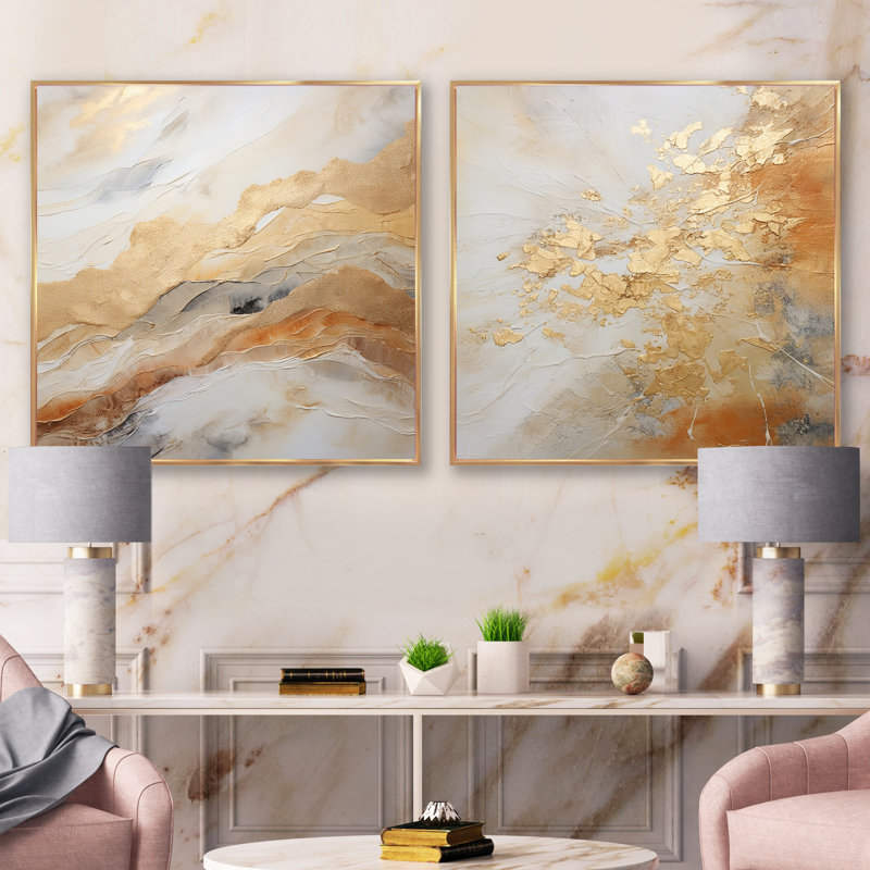 Geode Magic I - ensemble de 2 carrés abstraits en marbre, H 16 po x l 33 po, Cadre flottant doré