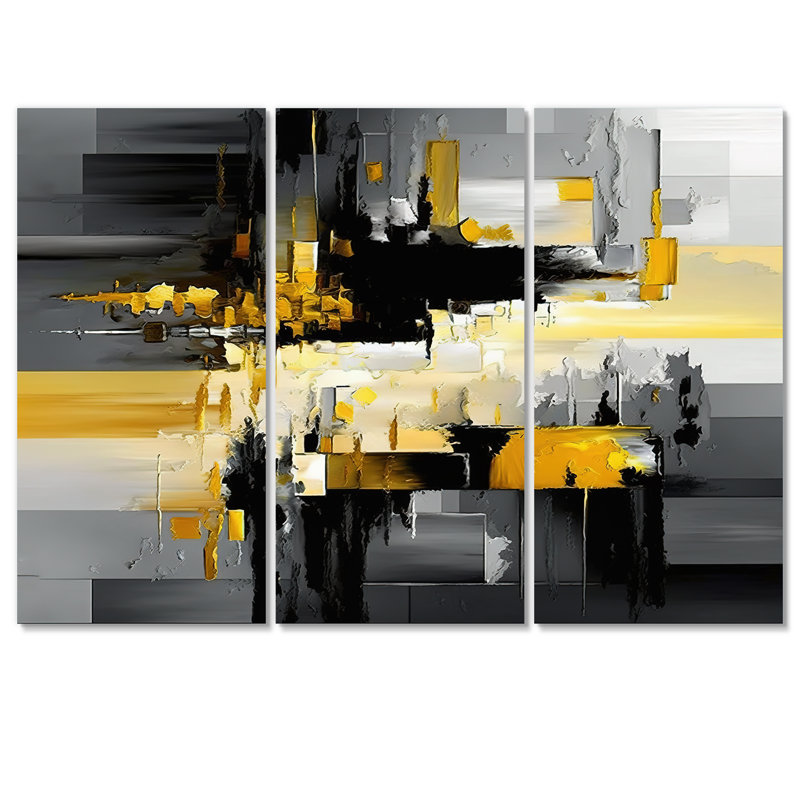 Abstrait géométrique noir et jaune en V - impression de 3 pièces, L 48 po x H 32 po, Toile tendue
