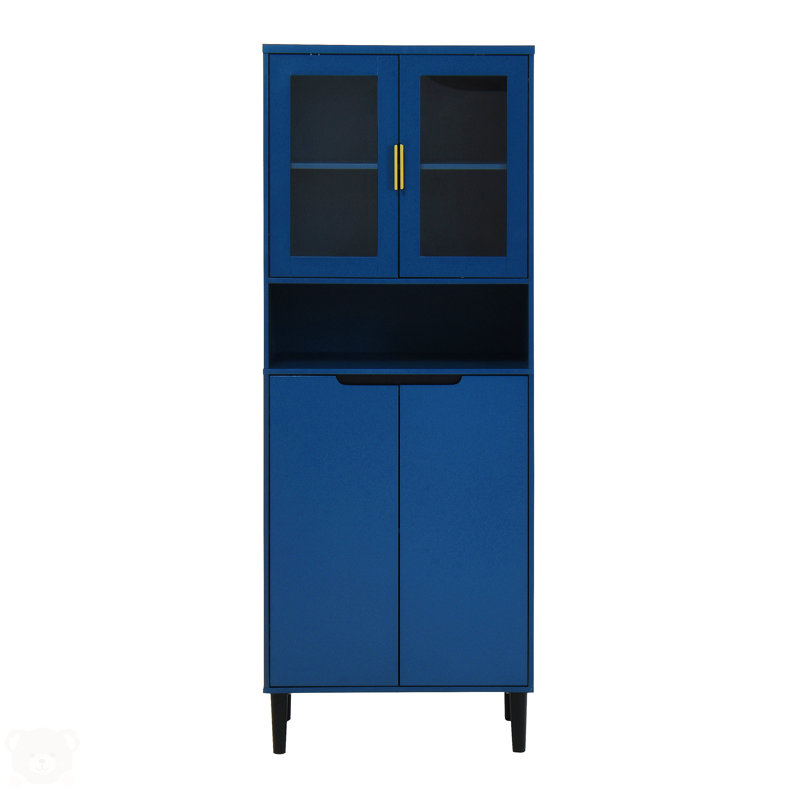 Tall Blue Lockable Bathroom Storage Cabinet with Glass Doors