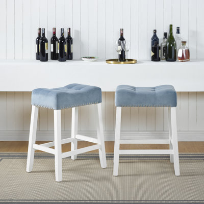 2 tabourets de hauteur de comptoir Tommie, siège de selle en velours, bleu, hypnotisé blanchi, 2, sièges
