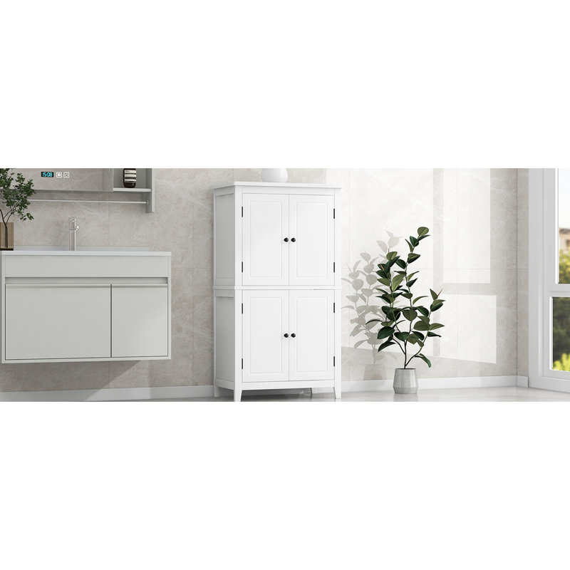 Armoire de salle de bain autoportante à 4 portes - blanc, tablettes réglables, rangement spacieux et élégant, Blanc