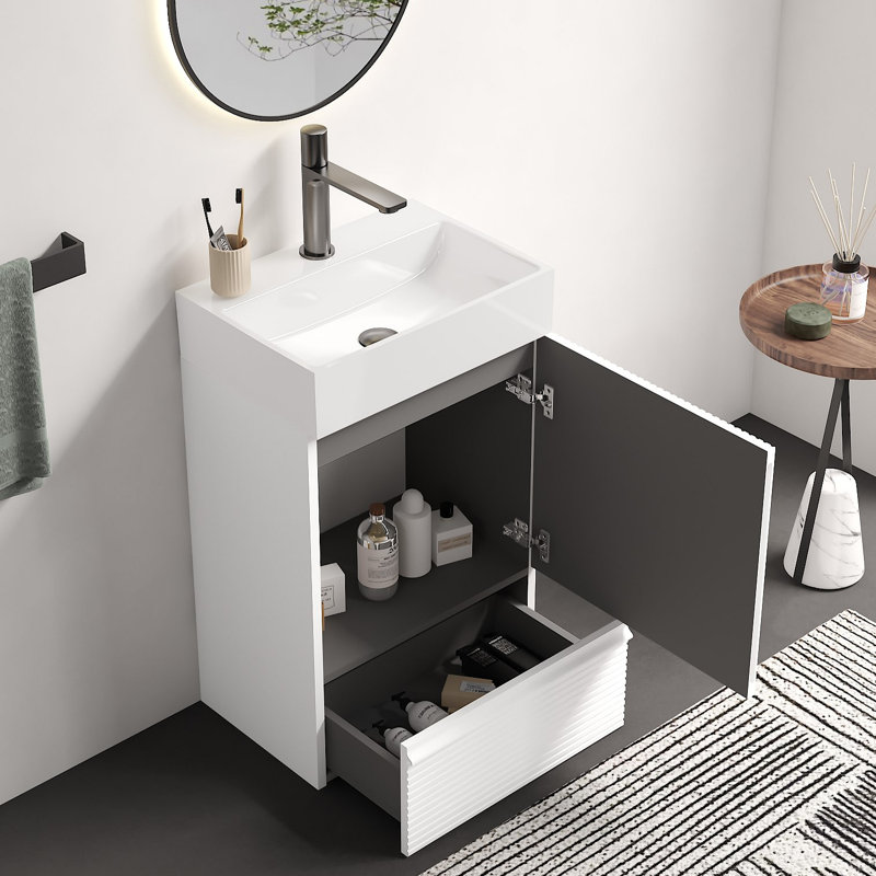 Meuble-lavabo autoportant pour salle de bain moderne de 20 po avec lavabo en céramique, lavabo une pièce en céramique sans drain et robinet, KD