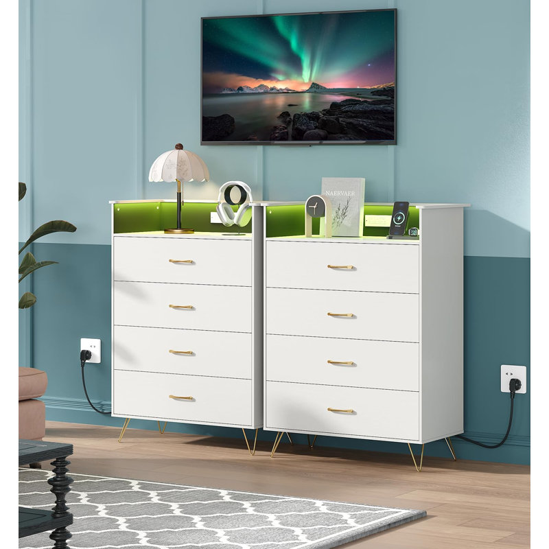 Tall 4 Drawer Dresser with RGB LED Lights & Charging Station, App Controlled Storage Cabinet for Bedroom, White