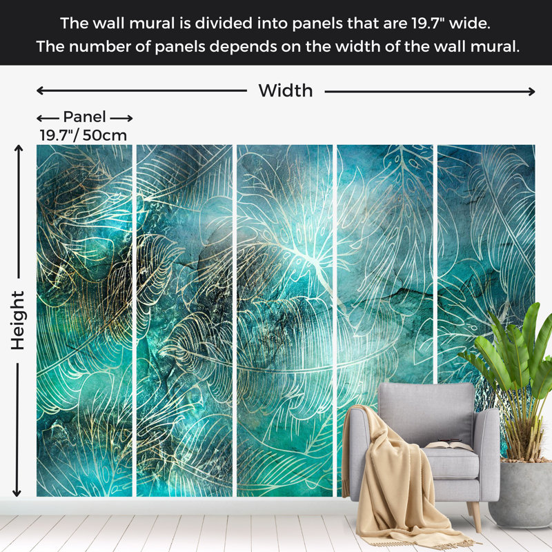 Papier peint botanique - Végétation turquoise, L 124 po x l 177 po