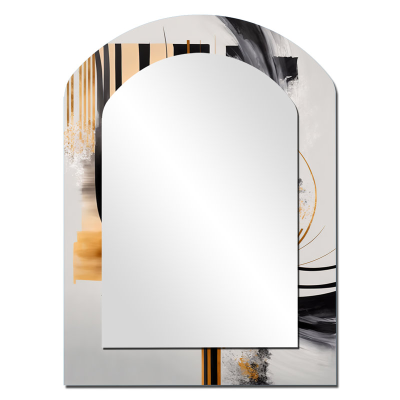 Gold Touch Art Deco III - Abstract Arch Mirror, Black Asymmetrical Unique Wall Mirror, Printed Metal Art, 34" x 25"