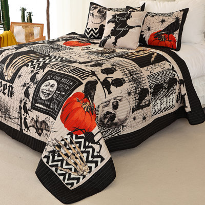 3 Piece Halloween Quilt Set Bedspread Set, Halloween Themed Reversible Bedding Set