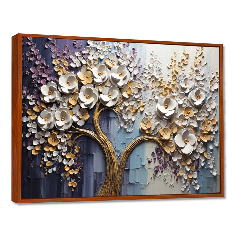 Arbre en fleurs avec fleurs blanches II, H 34 po x l 44 po, Cadre flottant brun, bois massif