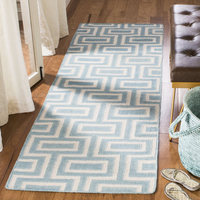 Rodgers Hand Woven Flat Weave Wool/Cotton Geometric Rug in Light Blue