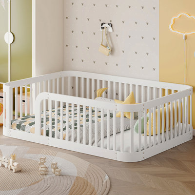 Wood Full Size Wood Floor Bed Frame with Fence, White