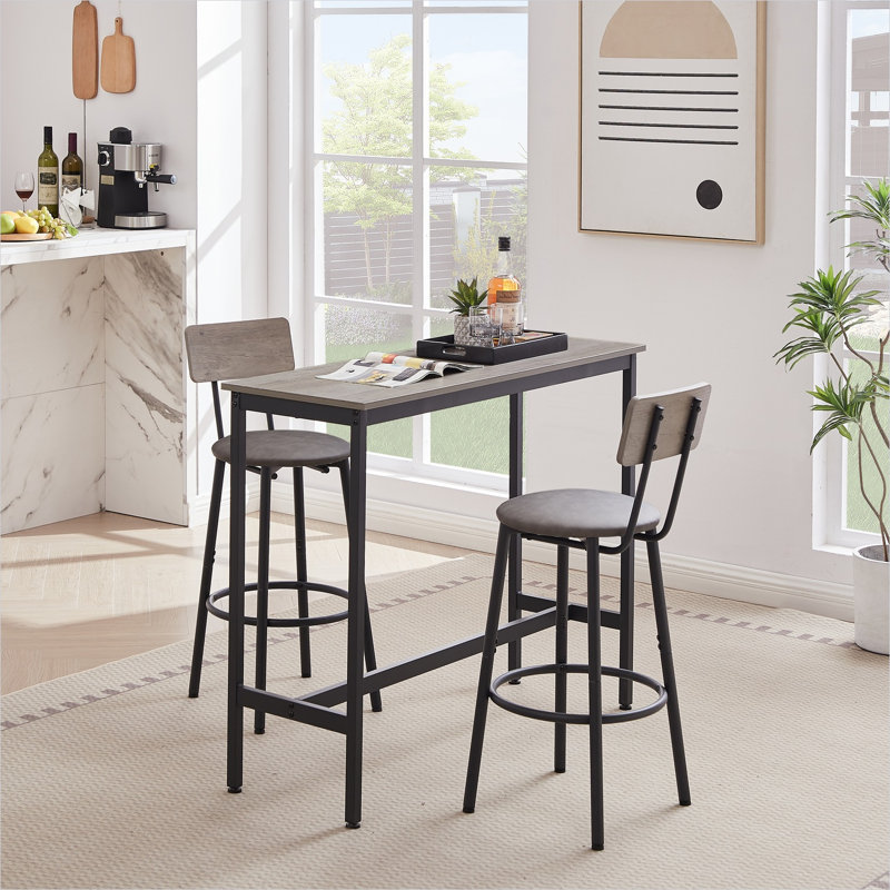 Ensemble de table de bar rectangulaire avec 2 tabourets de dossier, panneau de particules gris classique et métal noir, rangement sous la table peu encombrant, L 43,31 po x l 15,75 po x H 35,43 po, idéal pour la cuisine ou le bar à la maison