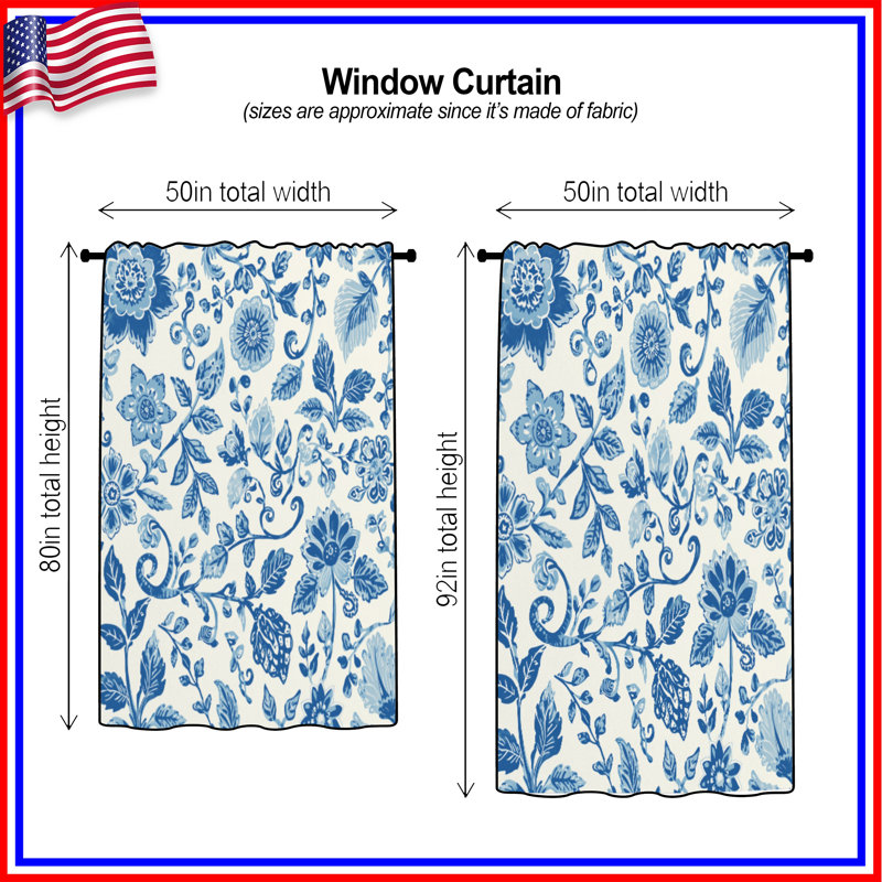 Rideaux de fenêtre botaniques bleus, voilages et voilages à motif floral - 1 panneau, 50" x 92" - 1 Panel, Blockout