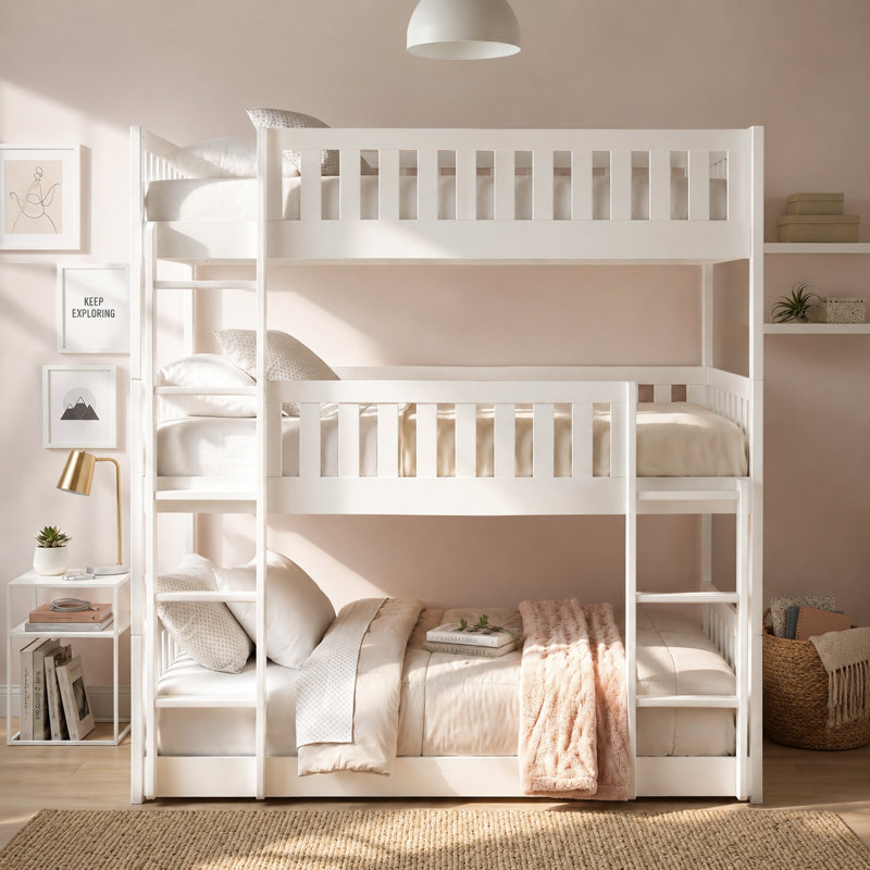 Le lit superposé triple en bois Nevaeh Transition comprend un matelas en mousse à mémoire de forme de 6 po, des traverses de protection et un design convertible
