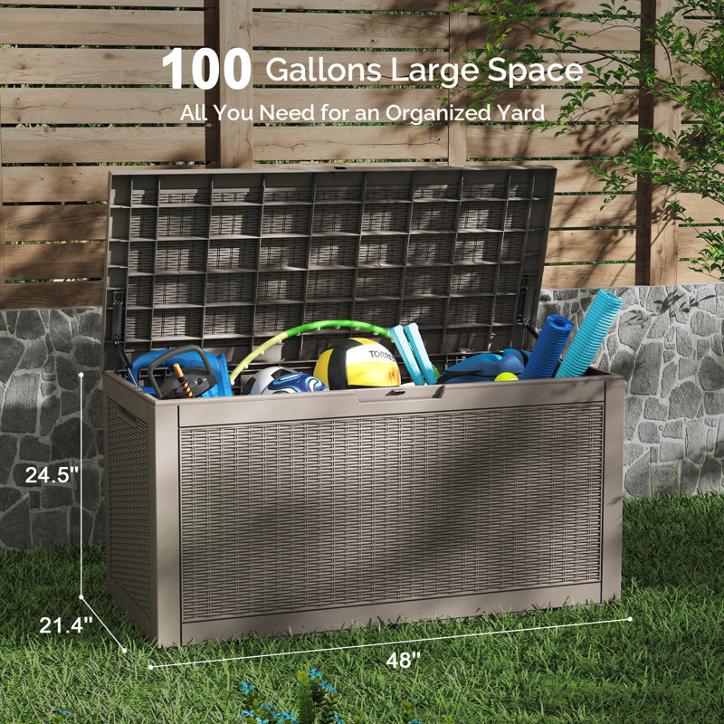 100 Gallon Large Deck Box /Storage Net, Resin Outdoor Storage Boxes, Brown