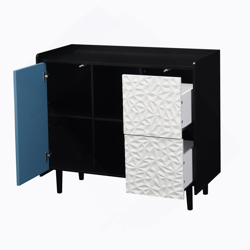 Buffet buffet, armoire de rangement noire avec portes rouges, 2 tiroirs au style de panneau unique, Noir / Bleu