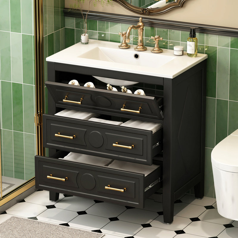 Ensemble de meuble-lavabo simple 30 po avec 3 tiroirs, meuble-lavabo autoportant avec cadre en bois massif 30 po, noir