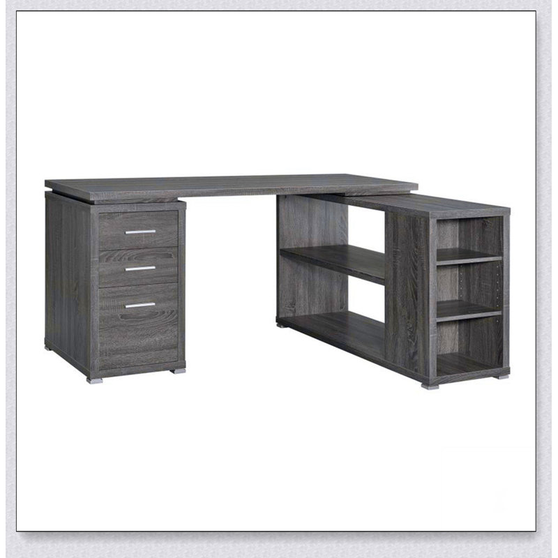 Bureau en L avec tiroirs et tablettes, gris vieilli