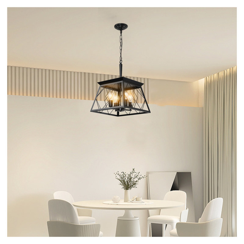 Lustre suspendu noir industriel 4 lumières avec cadre en maille, style maison de campagne