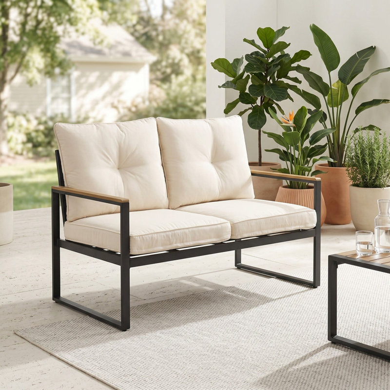 Patio Furniture Set, All-Weather Metal Outdoor Seating with Beige Cushions, Beige, 2