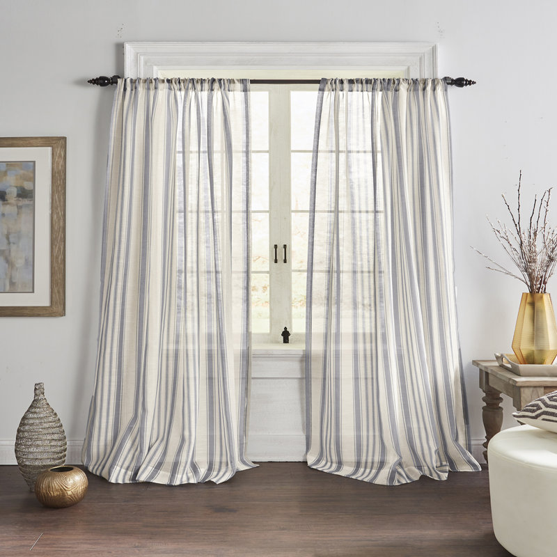 Gray Sheer Striped Cotton Linen Rod Pocket Curtain Panel
