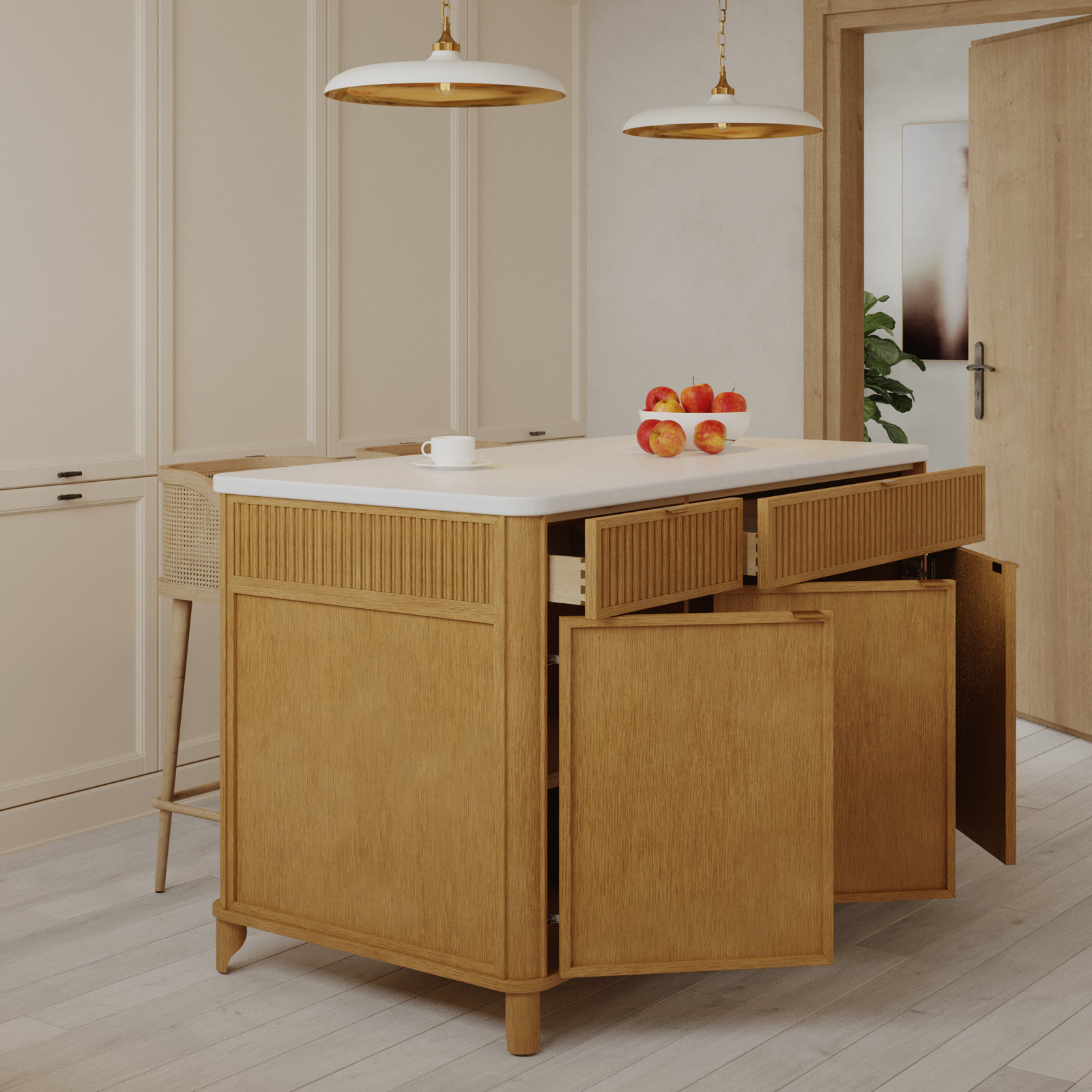 60 " W Kitchen Island, White Quartz