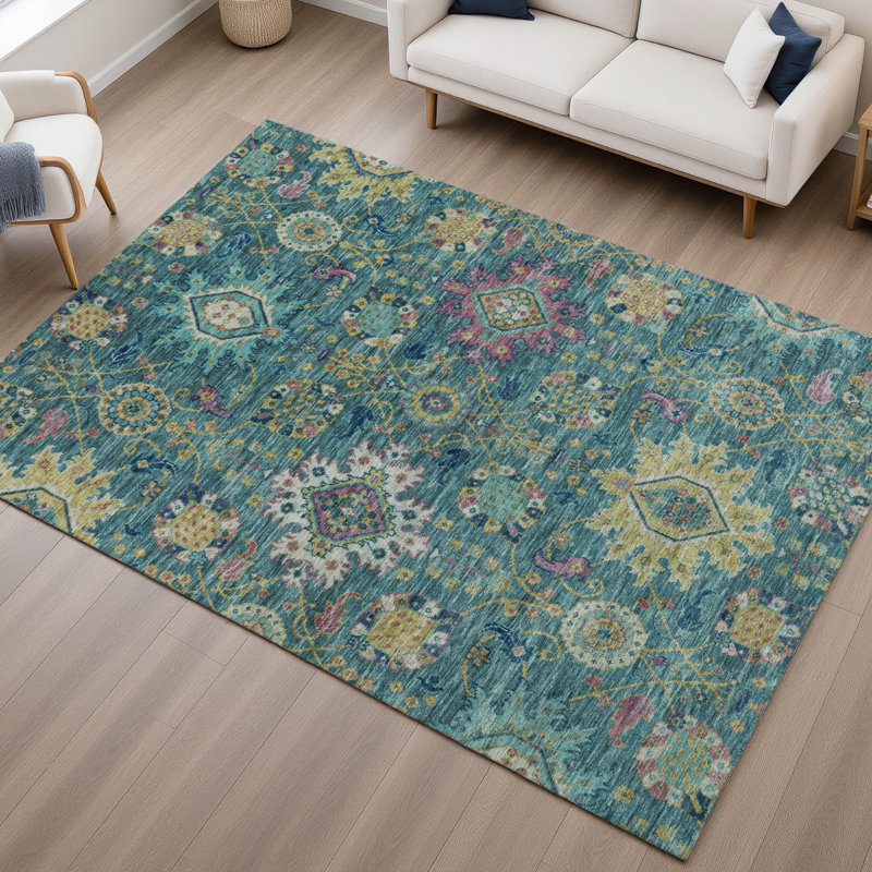 Premium Machine Washable Mayfield AMF2151 medallions Rug, Teal, Rectangle 8' x 10'