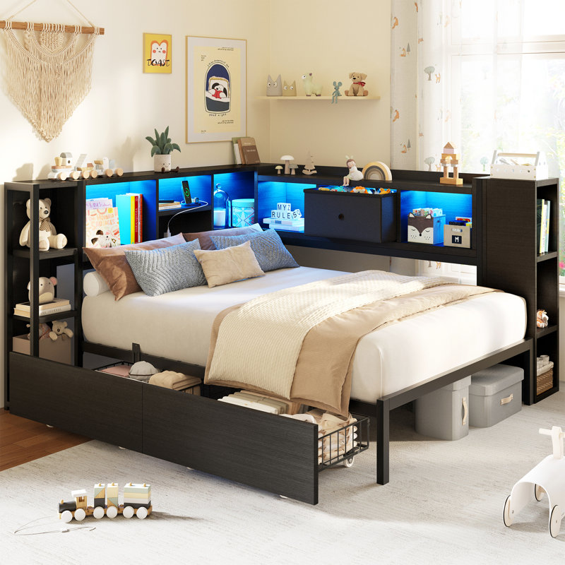 Twin Size Corner Bed Frame With Storage Drawers & Bookcase, Daybed With Charging Station & Led Lights, Black, Twin, Black