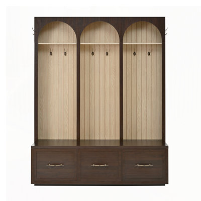 Farmhouse Wooden Hall Tree with Arched Design, Elegant Entryway Bench with Retro Hooks