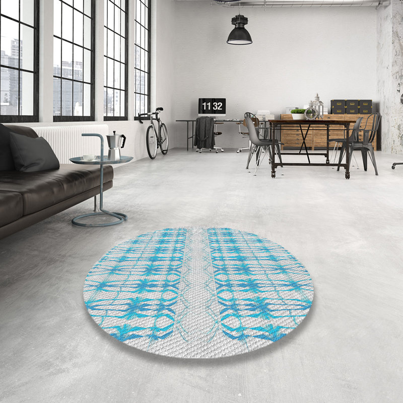 Tapis turquoise/gris à motifs, Rond 4 pi