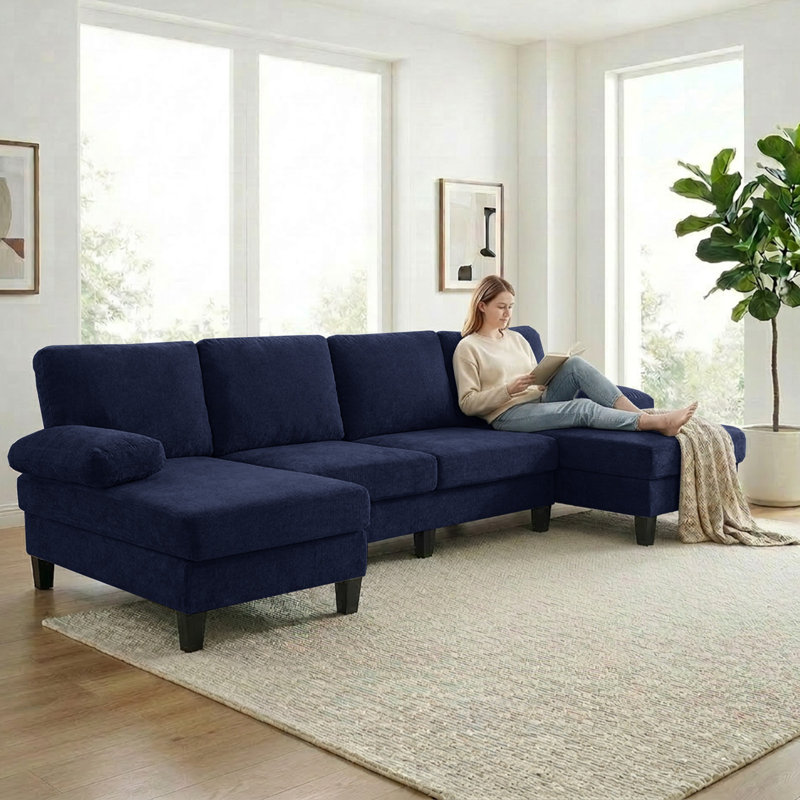 Canapé modulaire en chenille de 110 po en forme de U avec double chaises et accoudoirs larges, Bleu