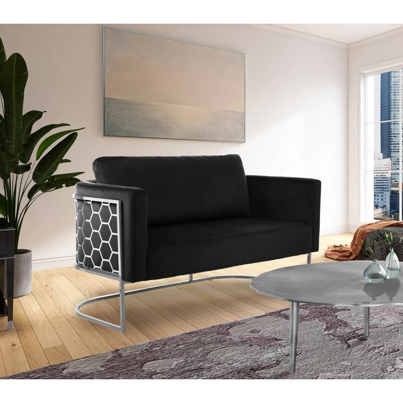 Casa 63.5" Velvet Armless Loveseat, Chrome, Black Velvet