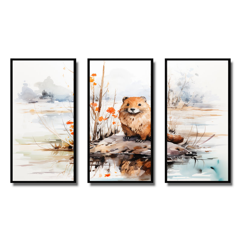 Watercolor Stream Beaver Serenity I - Beaver, art mural, Cadre flottant noir, H 28 po x l 36 po