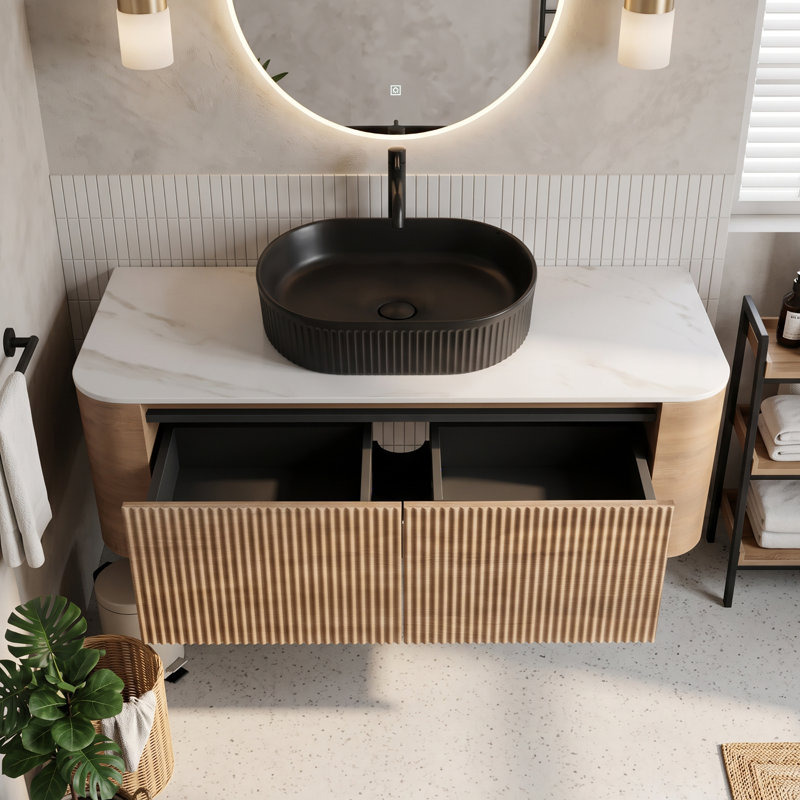 Wall Mounted Single Double Single Vanity Bathroom Vanity With Engineered Marble Top, Chêne