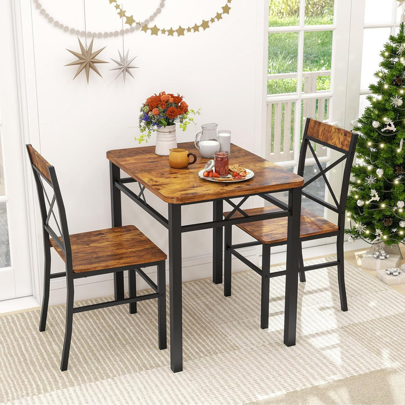 Ensemble de salle à manger 3 pièces en brun rustique, ensemble de table de salle à manger avec 2 chaises en forme de X, pour les petits espaces et les appartements