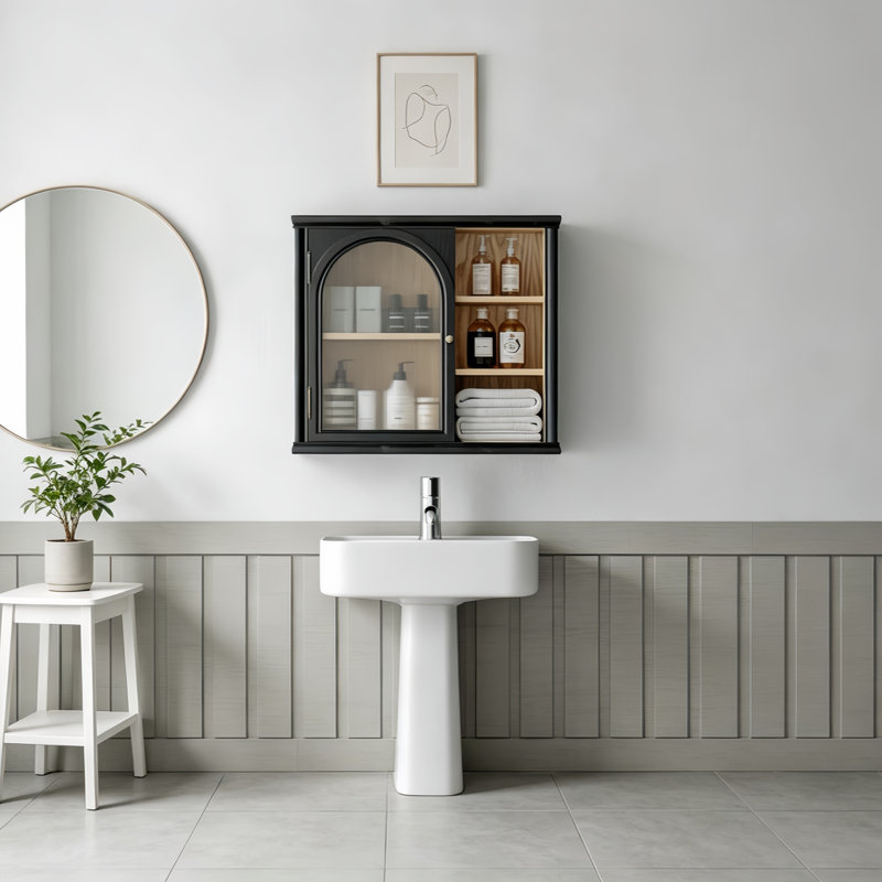 Armoires et étagères de salle de bain, armoire flottante murale à porte coulissante carrée avec porte arquée et tablettes réglables, armoire de rangement murale polyvalente pour garde-manger, salle de lavage de salle de bain