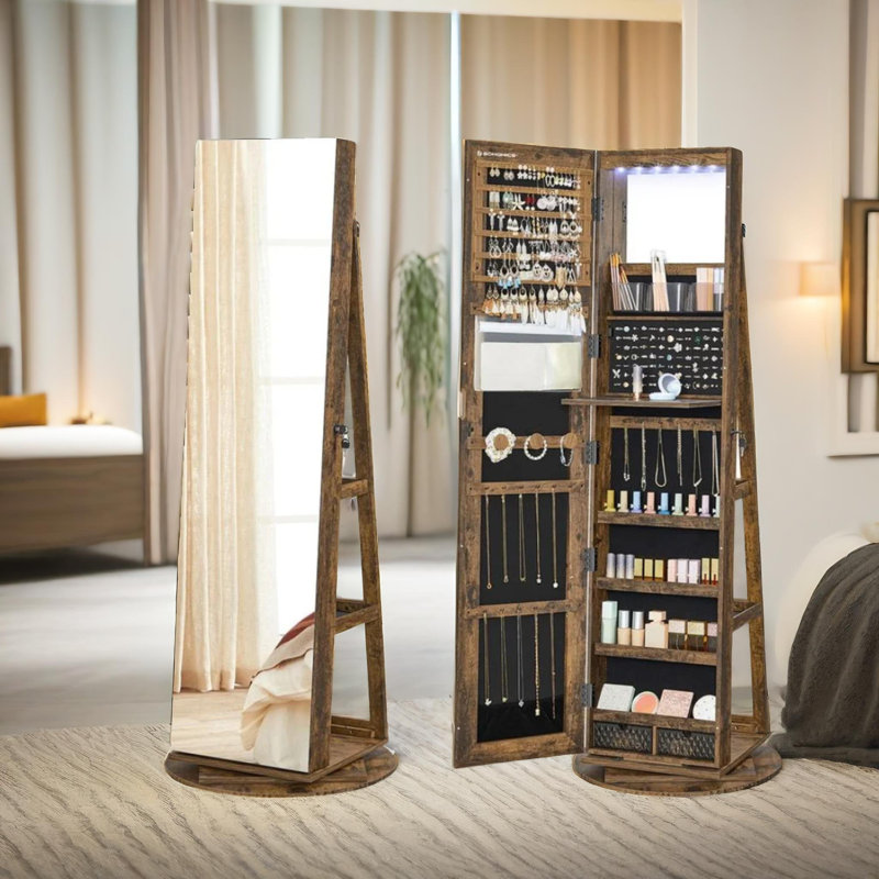 Free Standing Mirror Jewellery Cabinet 360 Swivel Organiser