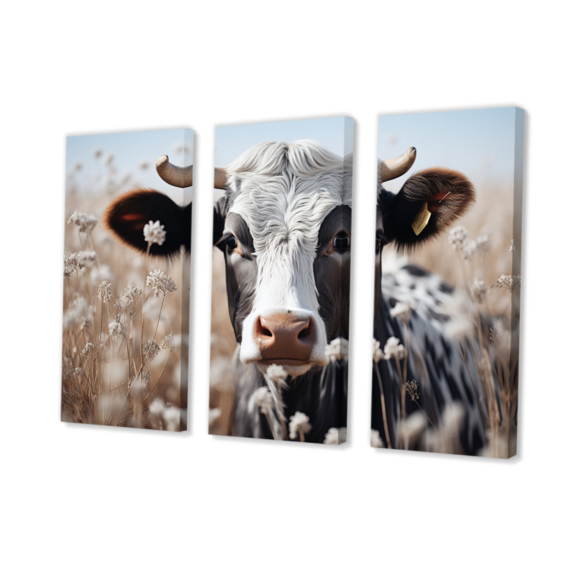 Vache, fleur, pâture sur toile, 3 pièces, H 28 po x l 36 po