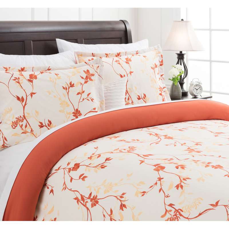 Twin Orange Floral Print Reversible Microfiber Duvet Cover Set