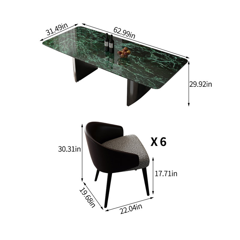 Ensemble de table à manger rectangulaire moderne en marbre de luxe moderne, H 29,92 po x L 62,99 po x l 31,49 po