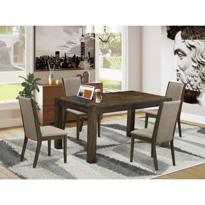 Ensemble de 5 pièces pour coin-repas pour 4 personnes comprenant une table de salle à manger rectangulaire en bois rustique et 4 chaises Parson en tissu de lin kaki foncé, Jacobean