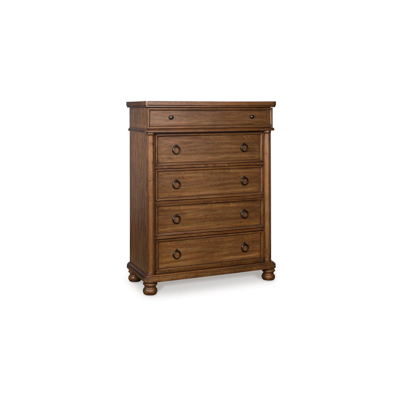 Commode haute Rowy, 5 tiroirs, poignées gris étain, brun classique