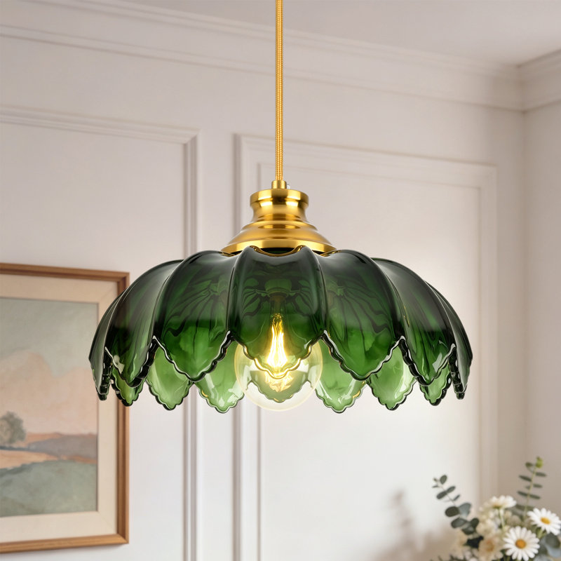 Luminaire suspendu 1 lumière avec abat-jour en verre pétale, Vert