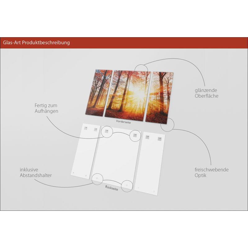 Autumn Lake - No Frame Print on Glass, 80cm H x 120cm W x 1.3cm D, Decimus 3 Piece Glass Set