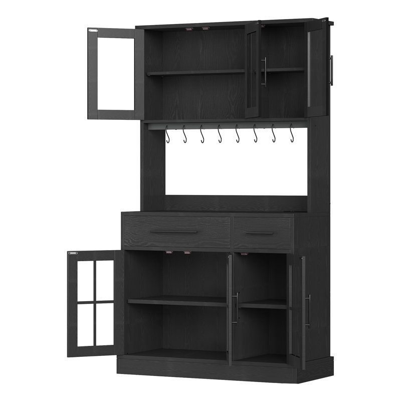 Armoire garde-manger en bois 71 po avec 2 tiroirs et tablettes de rangement Baskas, micro-ondes sur pied, crochets, Noir