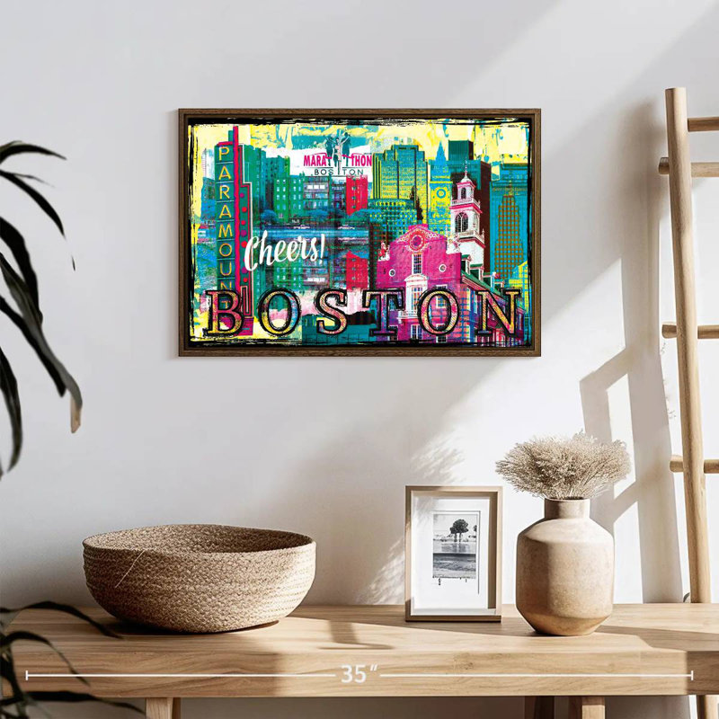 Repères grunge de Boston City, 19 po x 13 po, Cadre flottant noyer