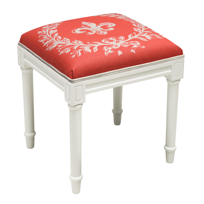 Solid Wood Accent Stool, White/Coral